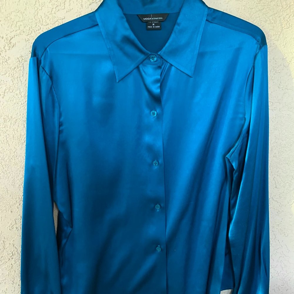 Moda International teal silk button blouse, women's size M